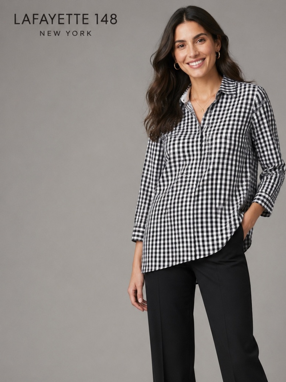 Lafayette 148 New York Black & White Gingham Asymmetrical Tunic Shirt Size S